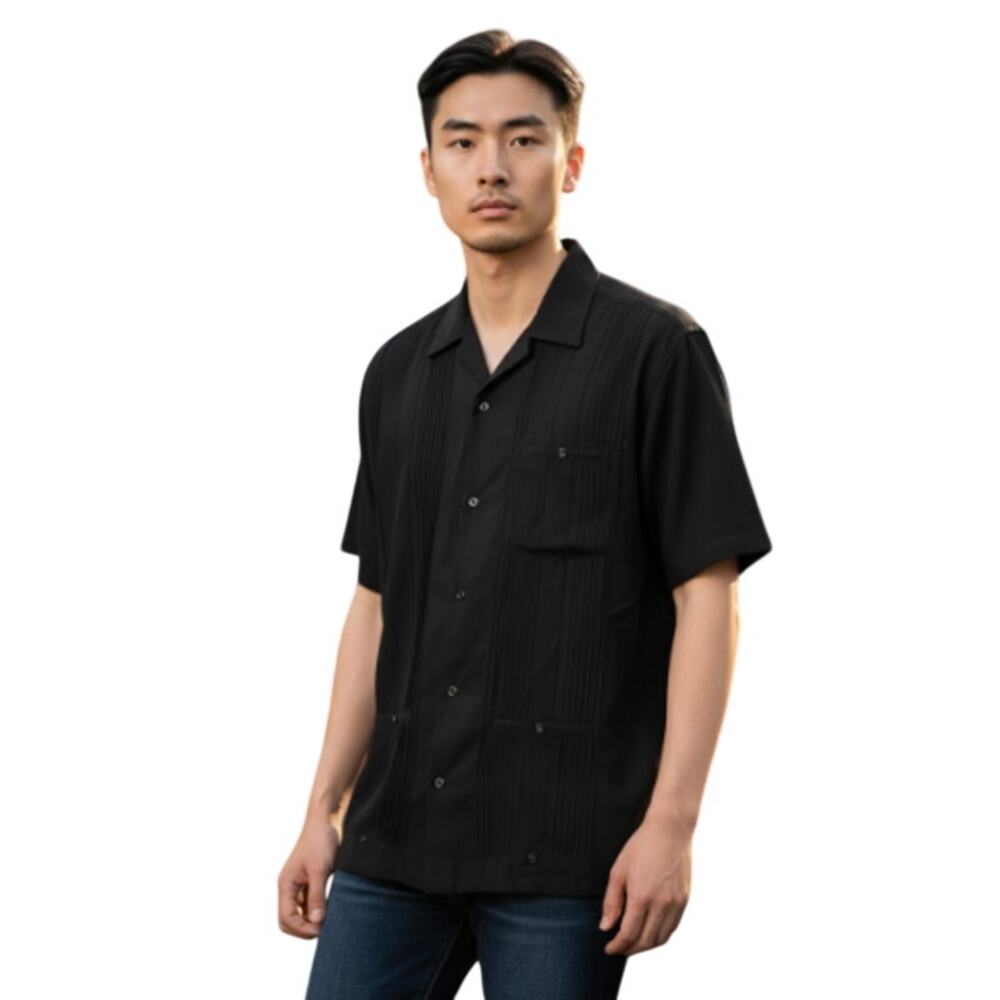 Vintage Guayabera Black Shirt Short Sleeve 100% Linen Mens Size 36
